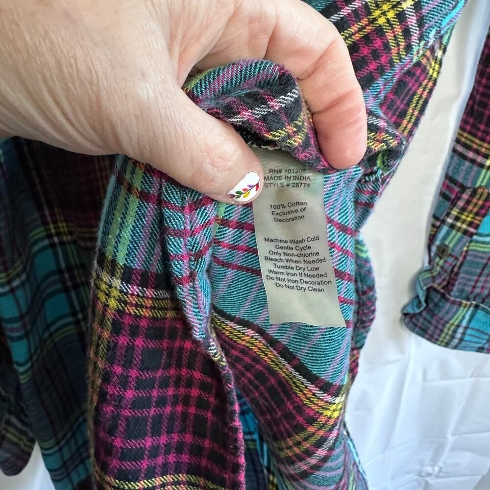Soft Surroundings Highlands Plaid Black Velvet Trim Flannel Shirt Size Large - Picture 8 of 10